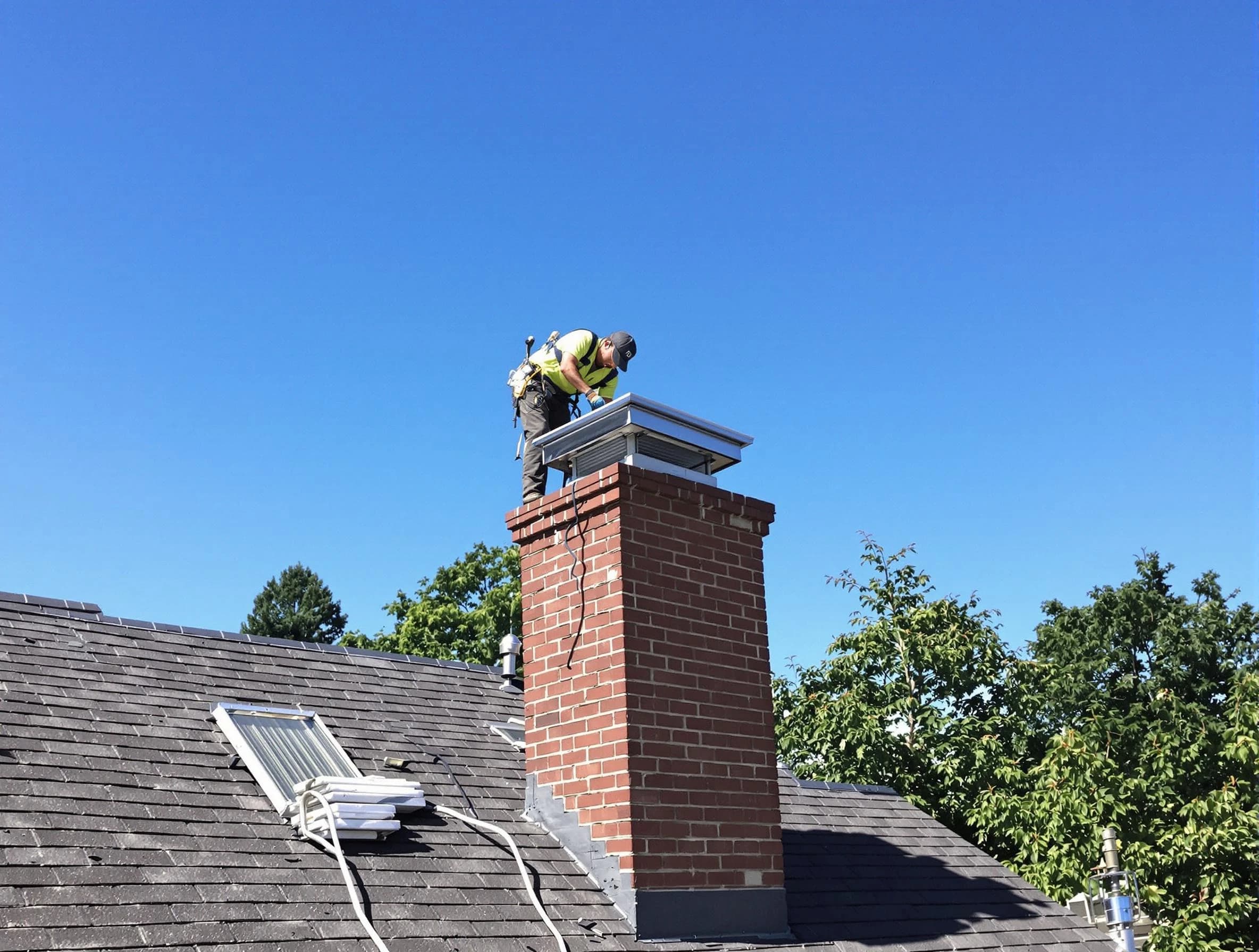 Middleborough Chimney Sweep technician measuring a chimney cap in Middleborough, MA