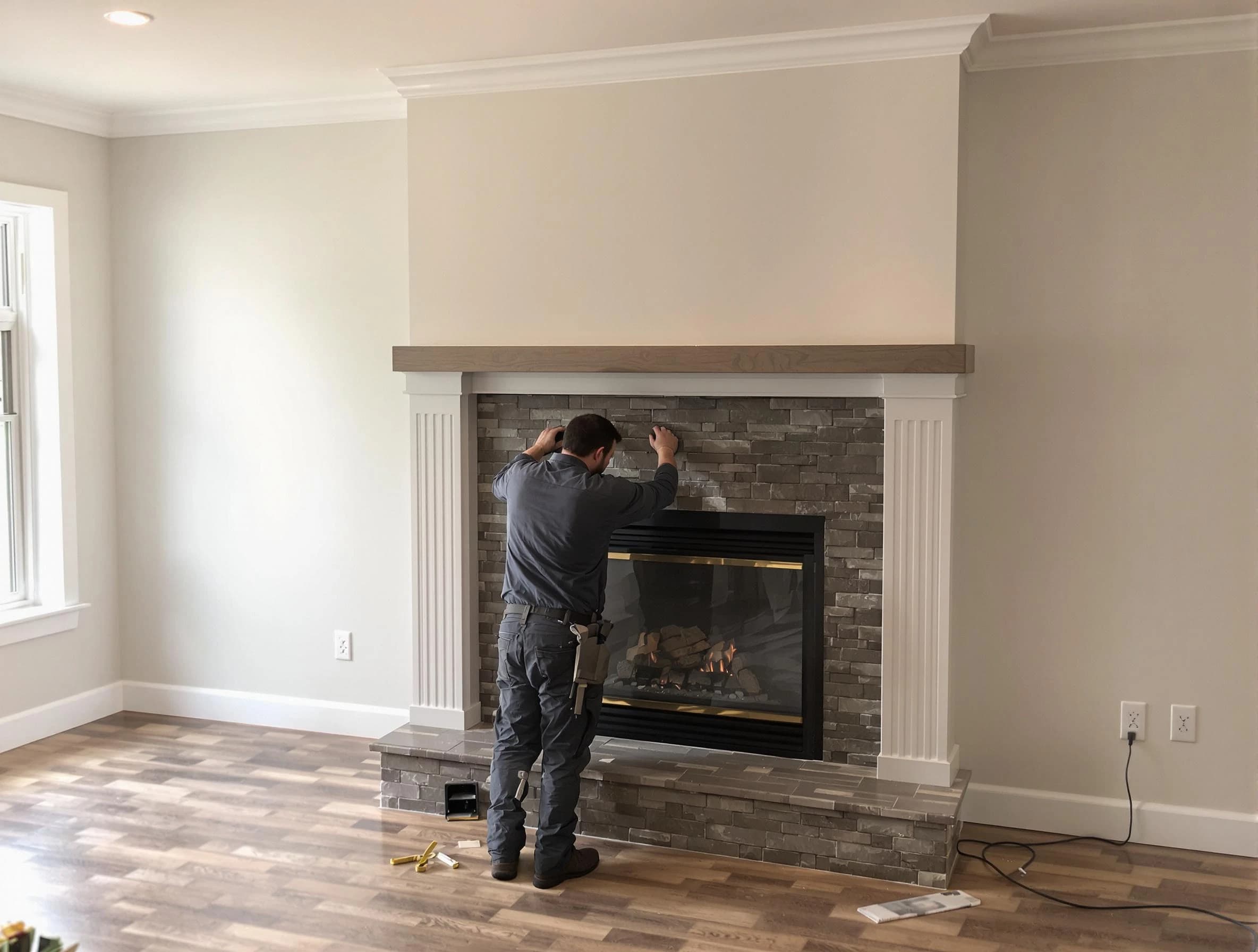 Middleborough Chimney Sweep finishing a custom fireplace install in Middleborough, MA